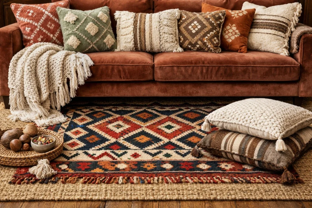 4. Layer Your Boho Living Room With Rugs Textiles and Throw Pillows