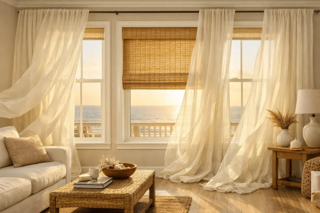 Coastal Summer Living Room Curtain and Window Treatment Ideas