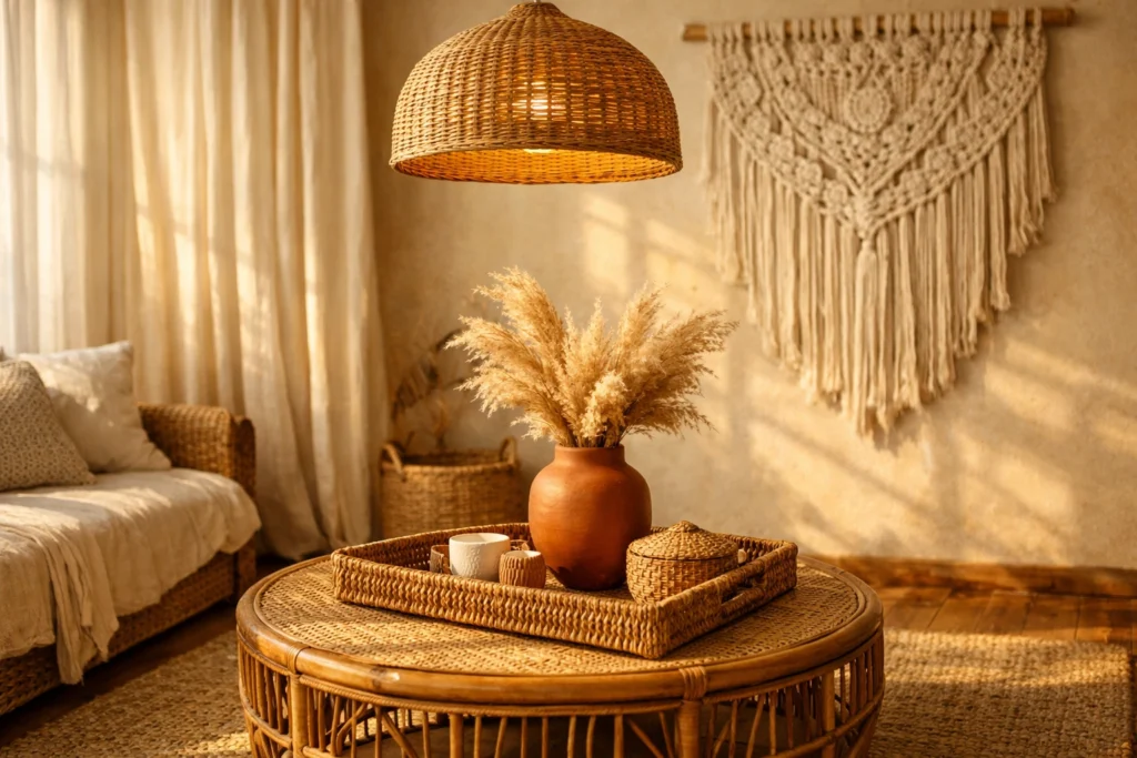 5. Use Rattan Wicker and Natural Materials Throughout Your Boho Living Room
