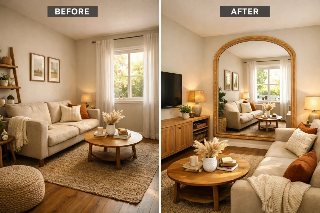 Use Mirrors Strategically to Visually Double Your Tiny Living Room