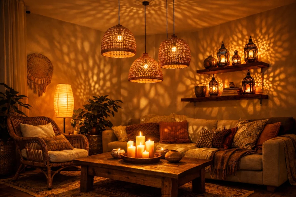 7. Boho Living Room Lighting Ideas That Create a Warm Magical Glow