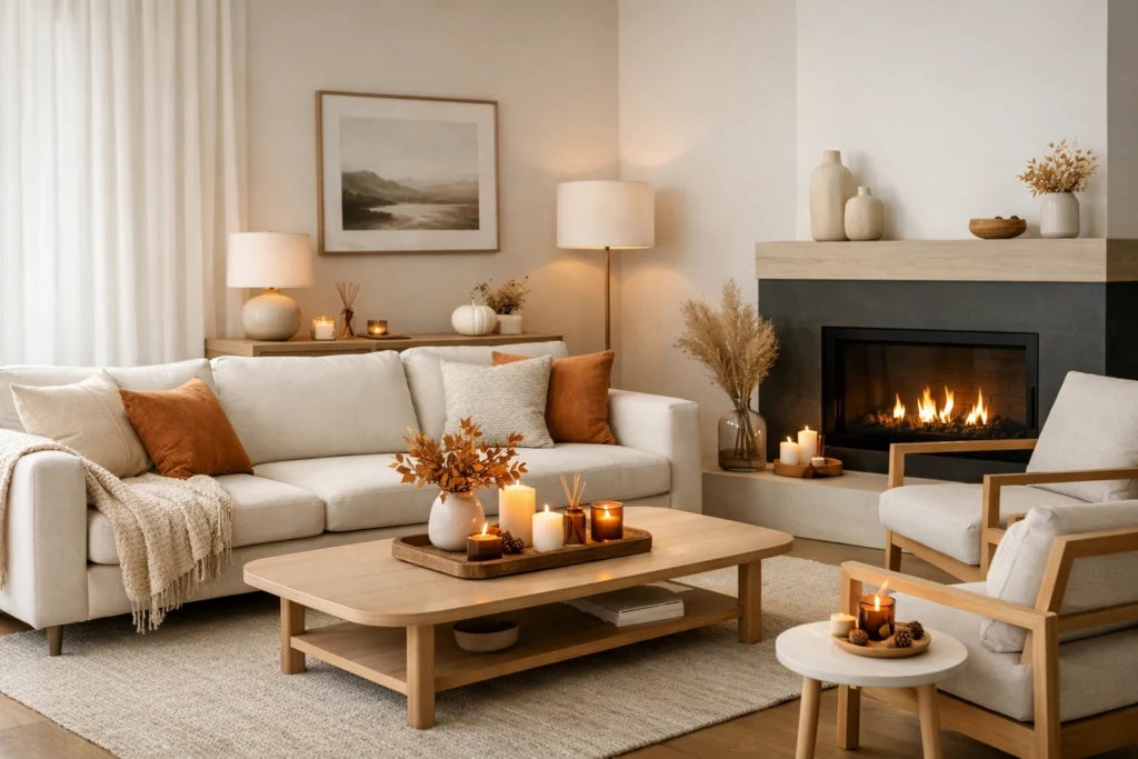 7. Modern Fall Living Room Decor: Minimal Yet Cozy