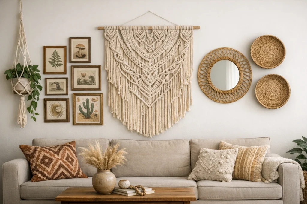 8. Decorate Your Boho Living Room Walls With Art Macrame and More