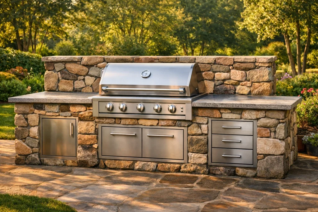 Idea 1 — Built-In Outdoor Grill Station With Stone Surround and Countertop
