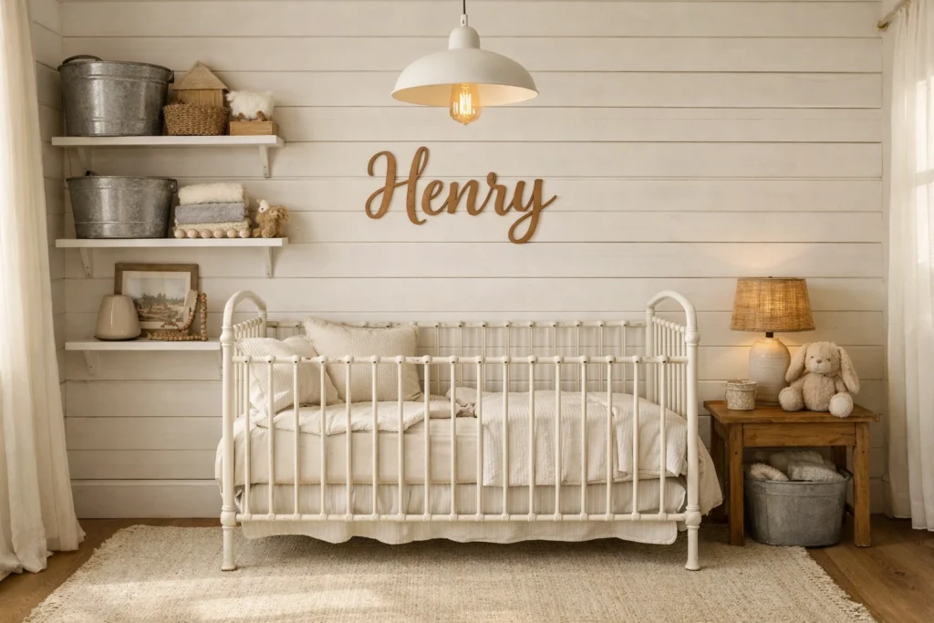 Idea 10 — Farmhouse Dreamy Nursery With Shiplap and Rustic Warmth