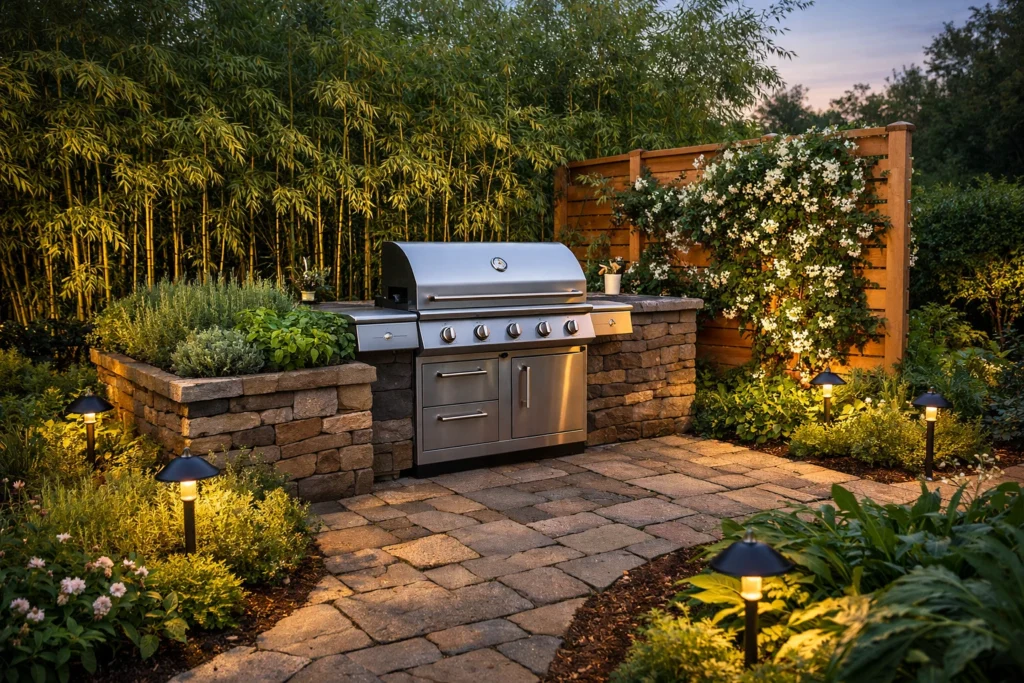 Idea 11 — Outdoor Grill Area With Privacy Screen and Landscaping