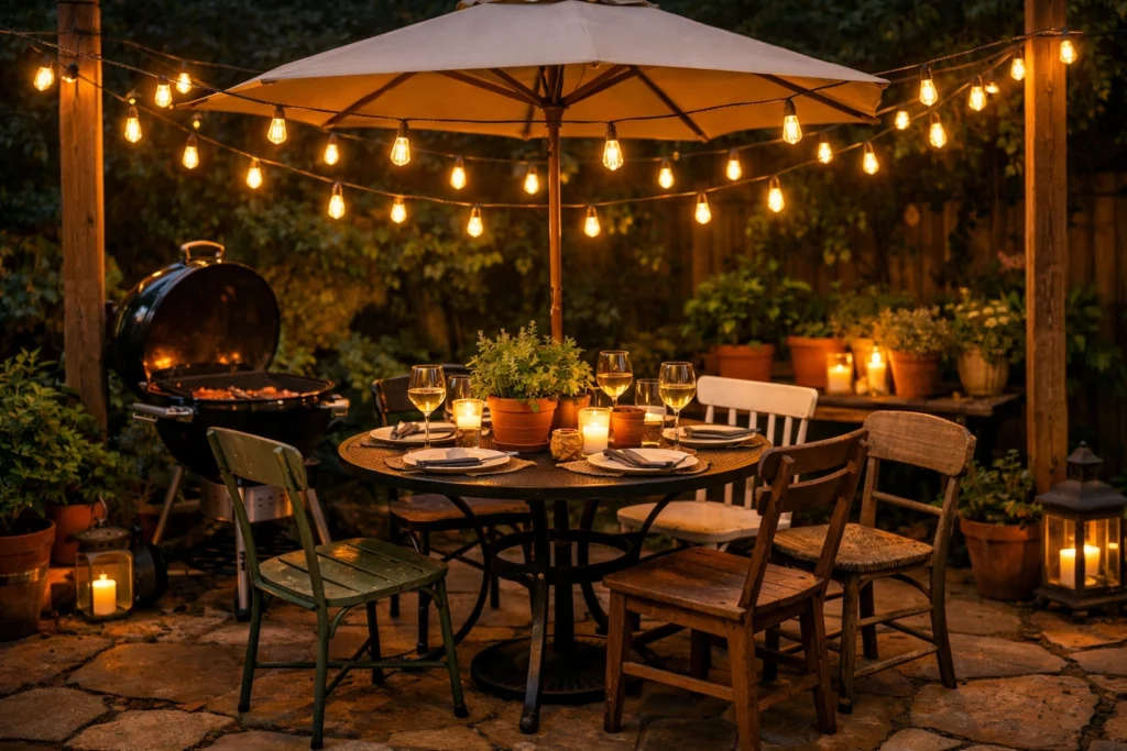 Idea 13 — Cozy Outdoor Grill Nook With String Lights and Dining Space