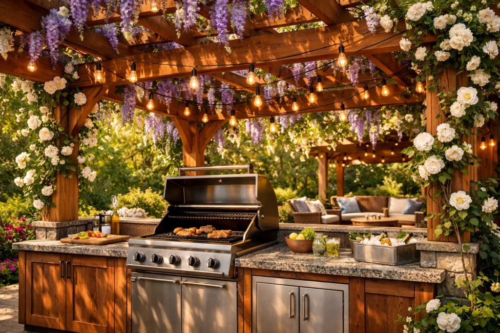 Idea 2 — Pergola Covered Outdoor Grill Area for Shade and Style