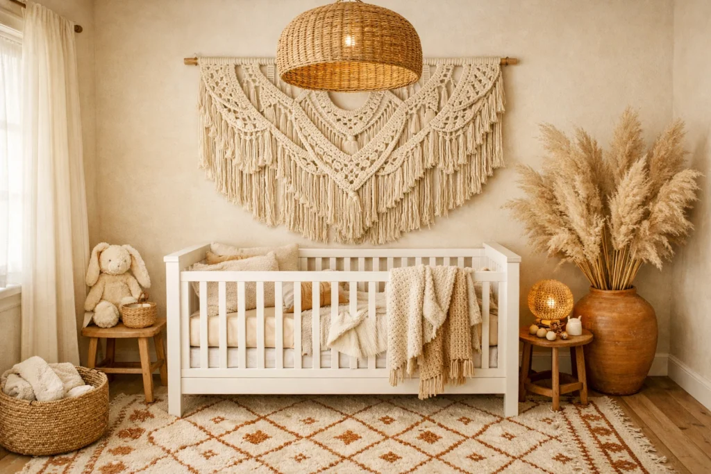 Idea 3 — Dreamy Boho Nursery With Macrame and Natural Textures