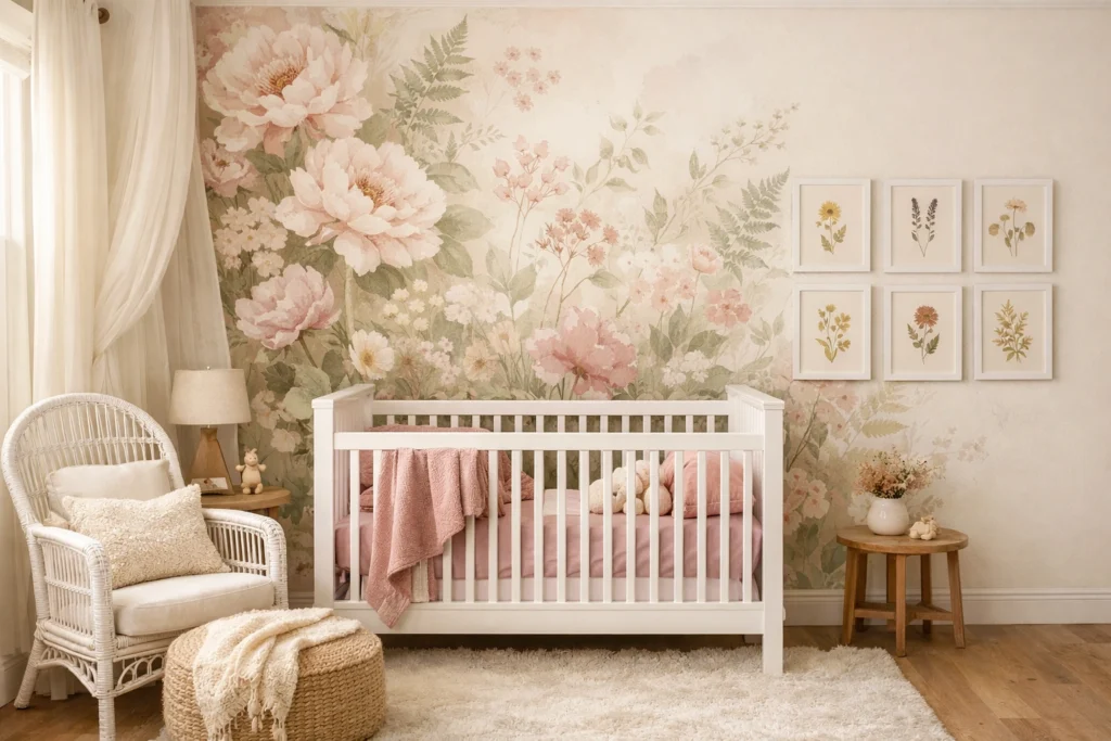 Idea 9 — Floral Dreamy Nursery With Botanical Wallpaper and Garden Details