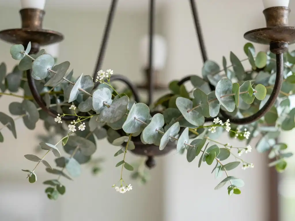Fresh Eucalyptus and Greenery Wraps That Make Chandeliers Come Alive in Spring