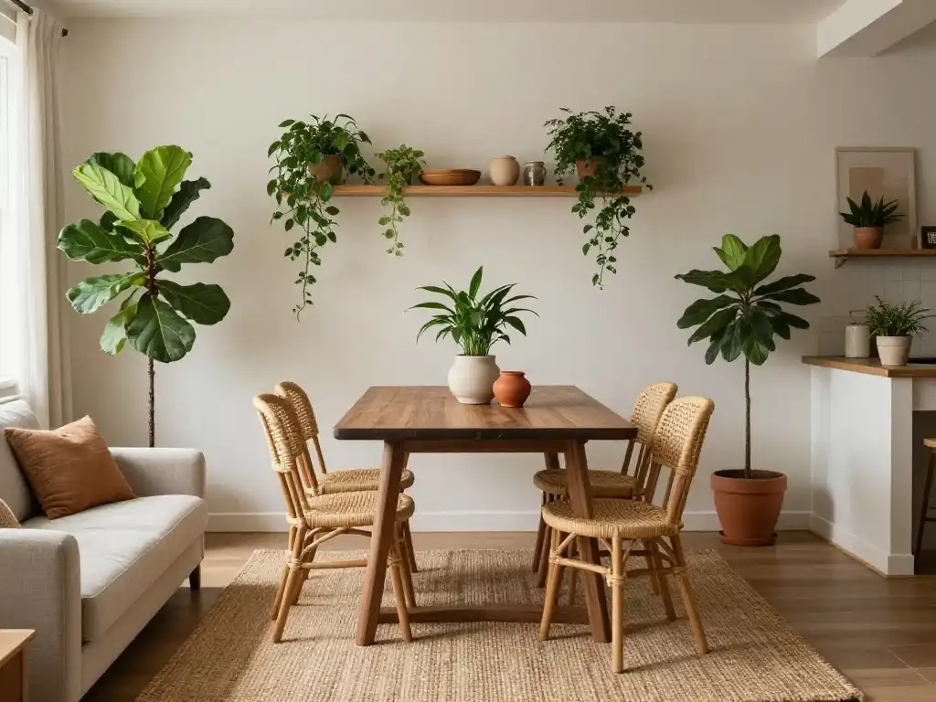 Small Cozy Living Dining Room With Plants and Natural Materials