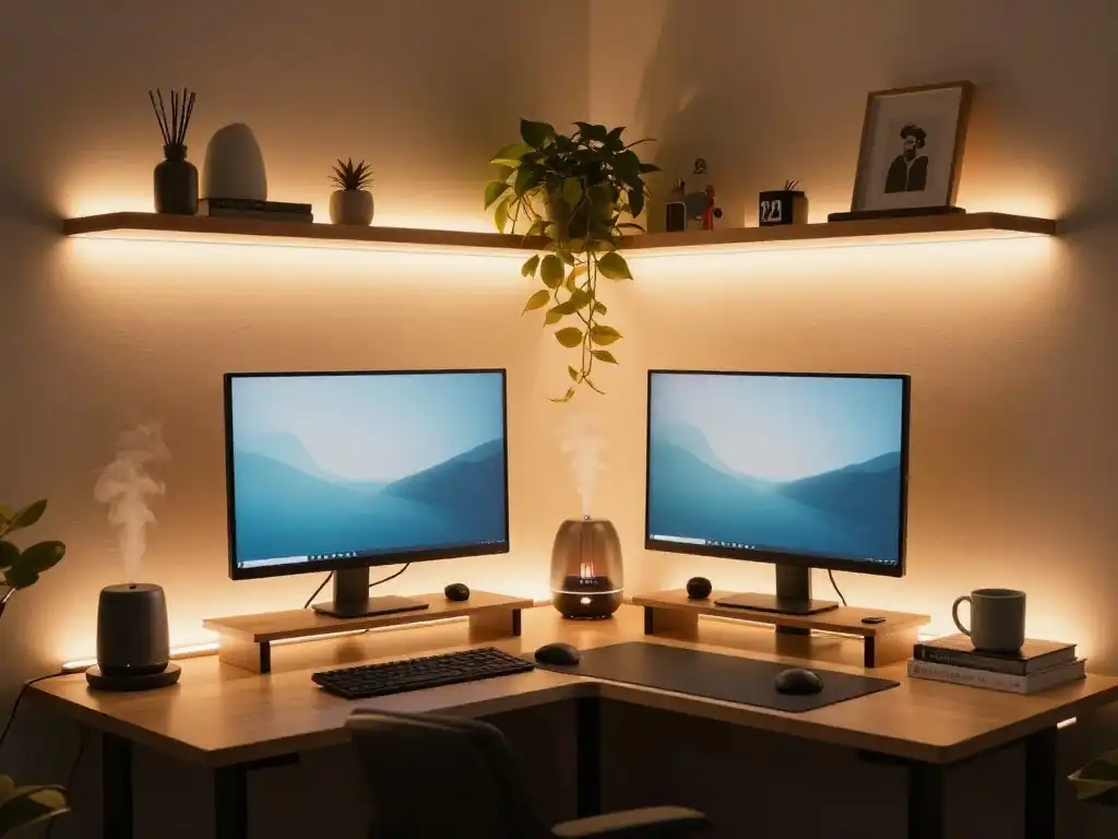 Genius Corner Desk Ideas With LED Lighting and Aesthetic Decor