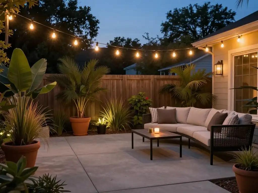 Simple DIY Backyard Patio With String Lights and Plants