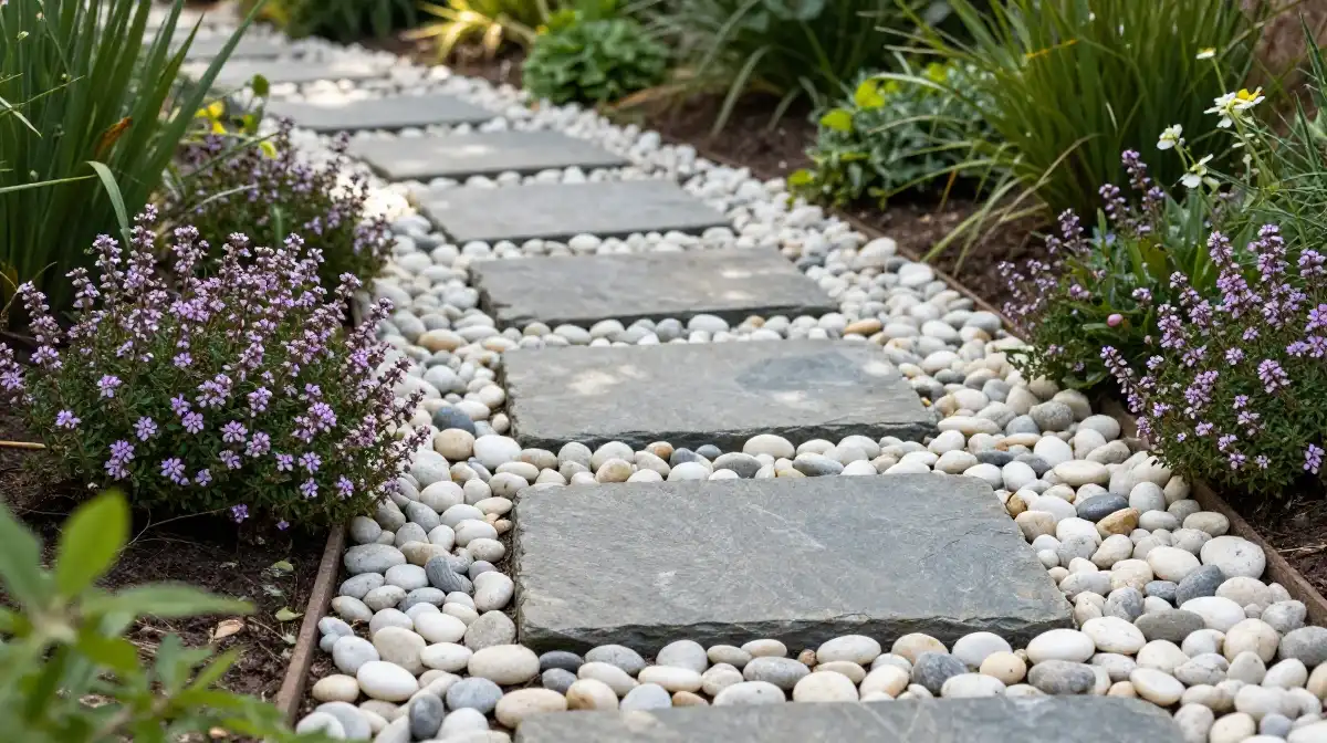 Boho Garden Pathway With Stepping Stones and Pebbles