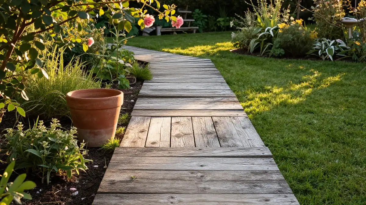 Rustic Boho Garden Walkway With Reclaimed Wood