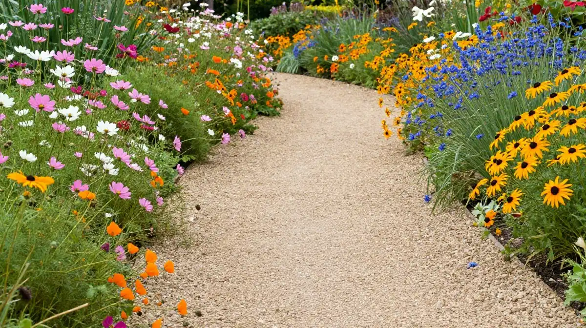 Boho Garden Path With Gravel and Wildflower Borders