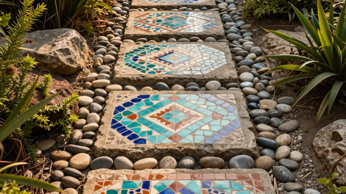 Boho Garden Pathway With Mosaic Tiles and Mixed Textures