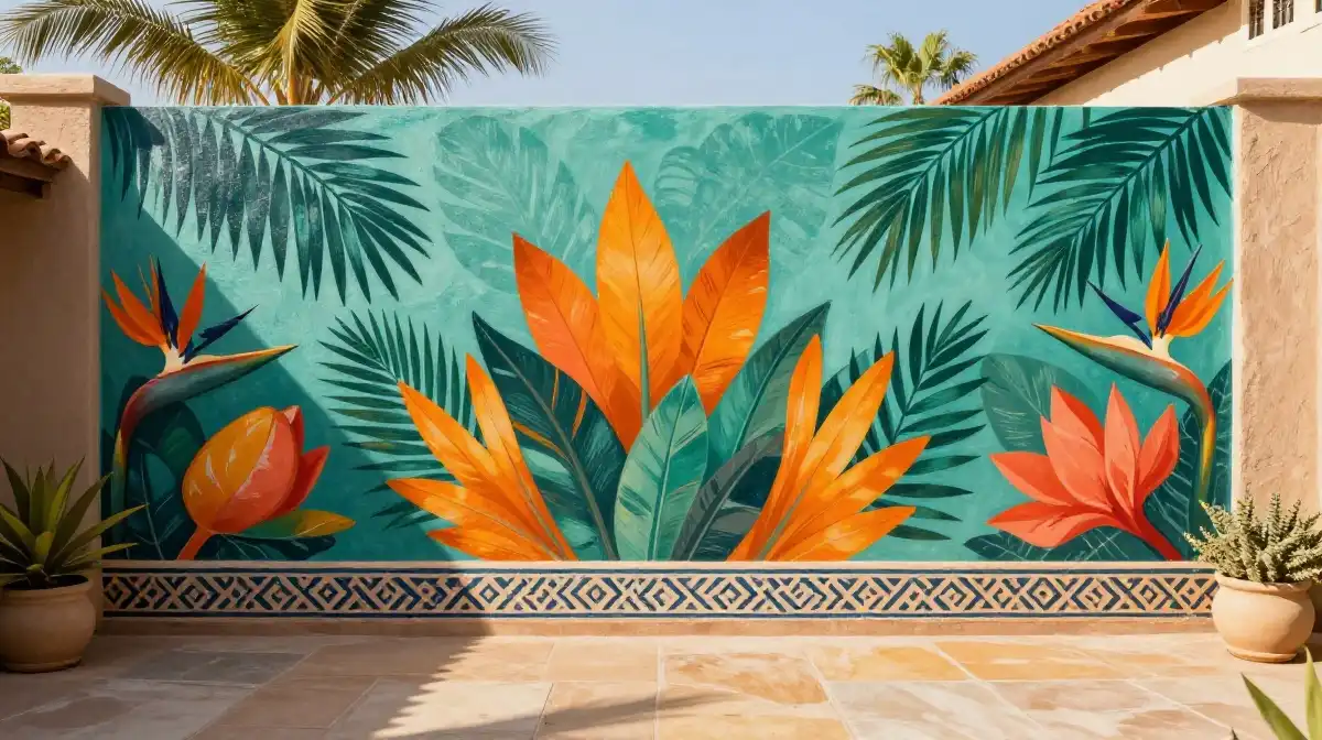 Backyard Garden Wall Painting Ideas With Tropical and Mediterranean Theme