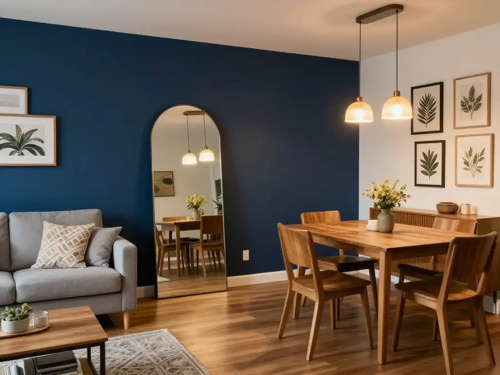 Small Cozy Living Dining Room With Accent Wall and Mirror Ideas
