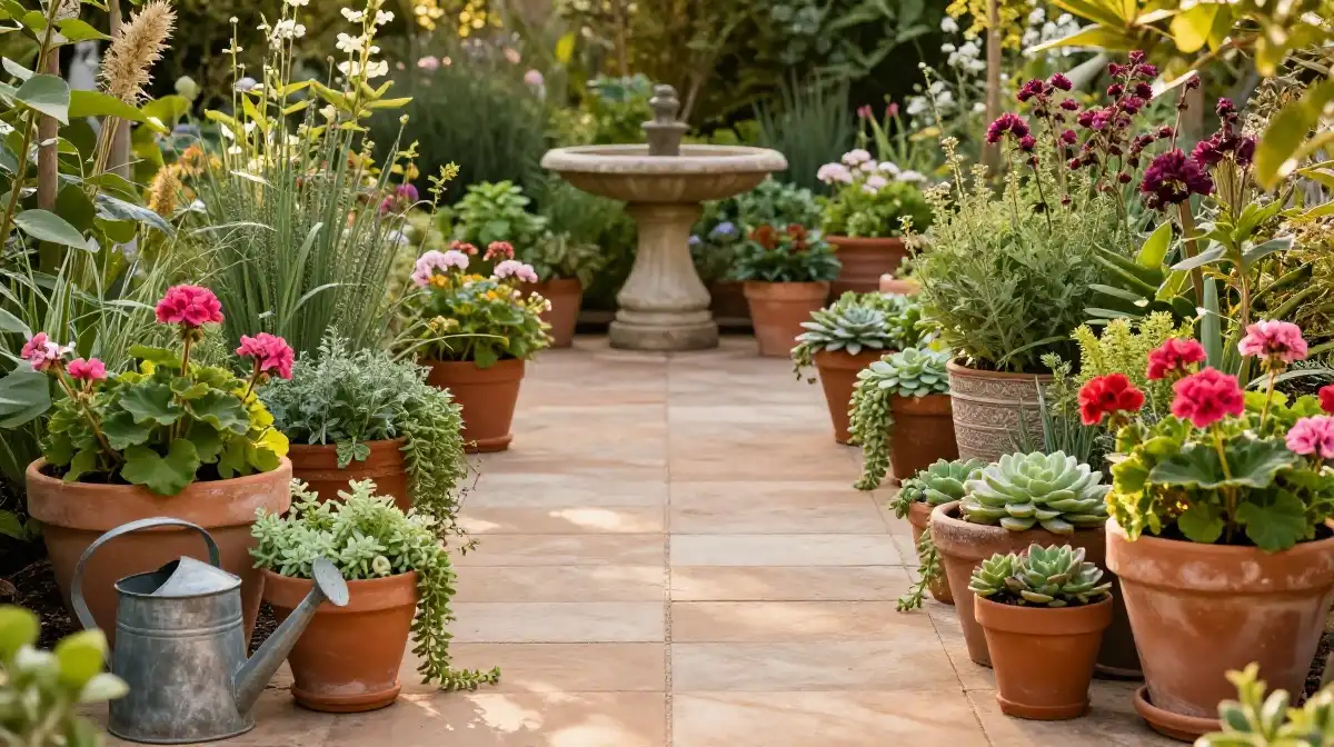 Boho Garden Pathway With Terracotta Pots and Vintage Decor