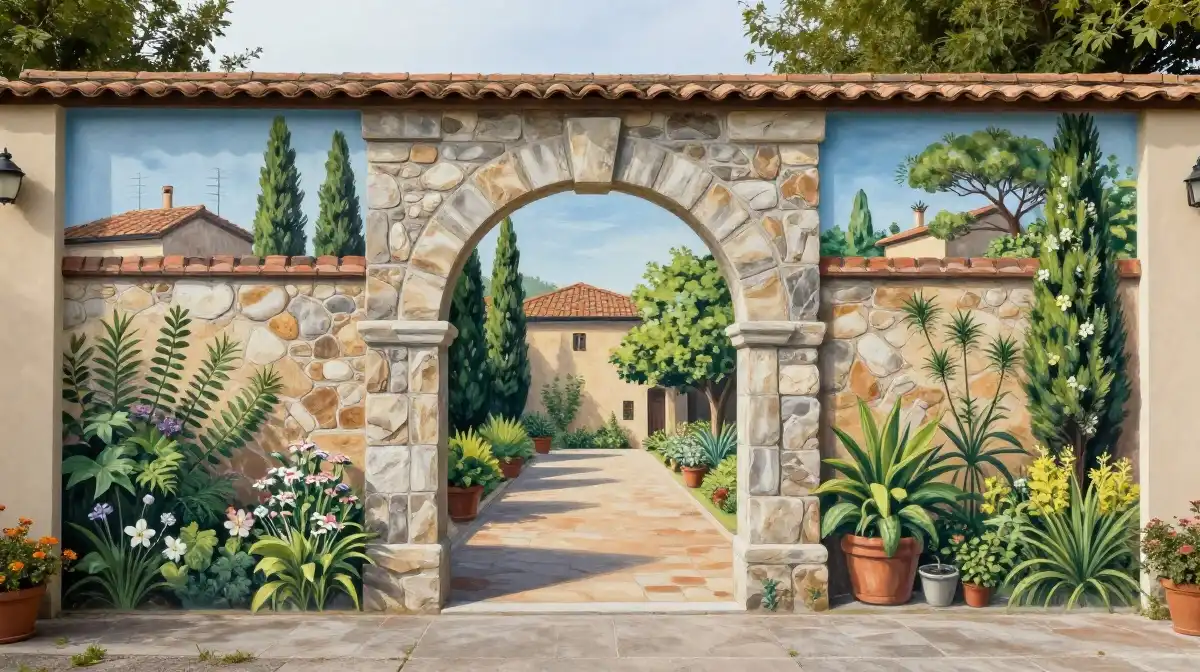 Backyard Garden Wall Painting Ideas With Stone and Brick Effect