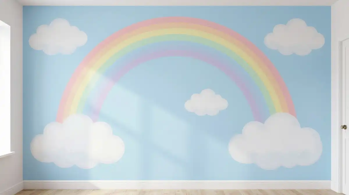 Kids Bedroom Mural Ideas With Clouds Sky and Rainbow Colors