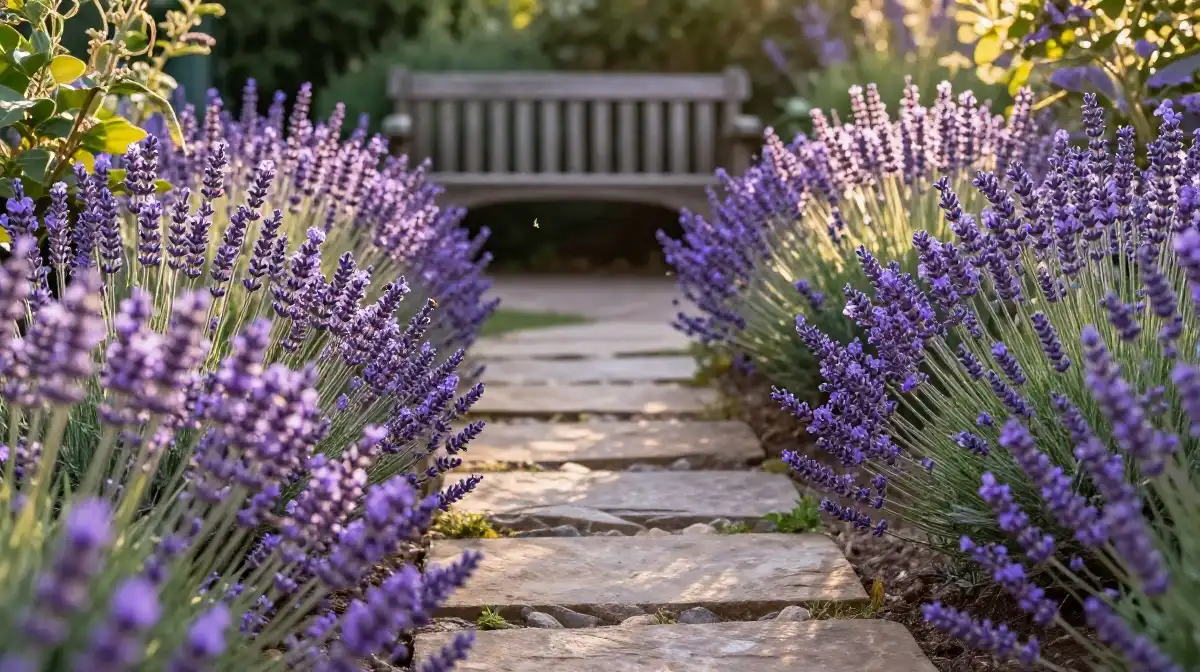 Boho Garden Pathway With Lavender and Low Maintenance Plants