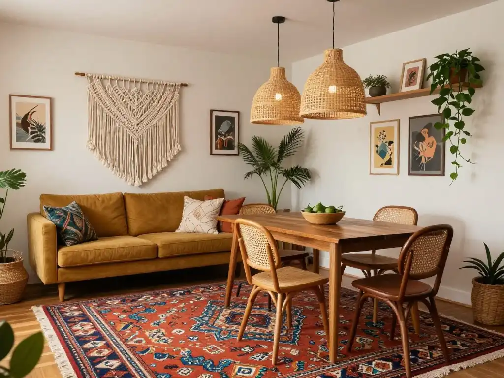 Small Cozy Living Dining Room in Boho and Maximalist Style