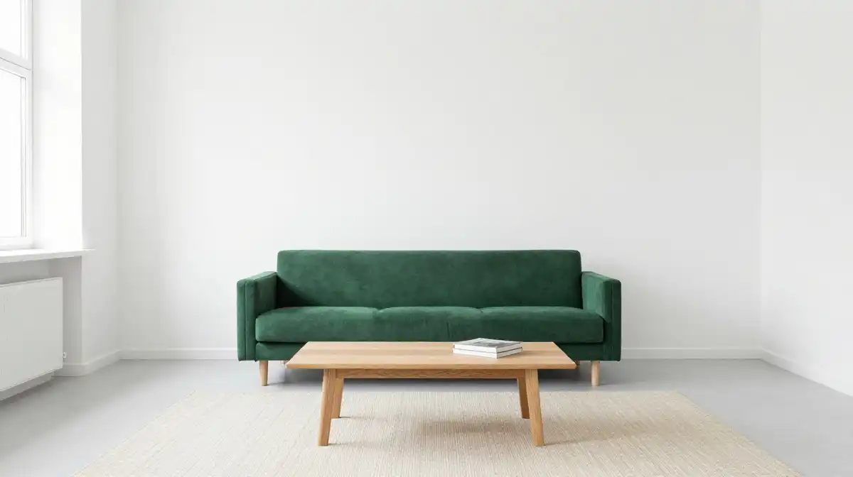 Idea 1 — Emerald Green Sofa With White Walls for a Clean Bold Contrast