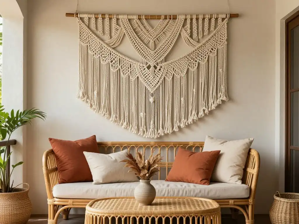 Idea 1 — Macrame Wall Hanging and Rattan Furniture for Instant Boho Porch Character