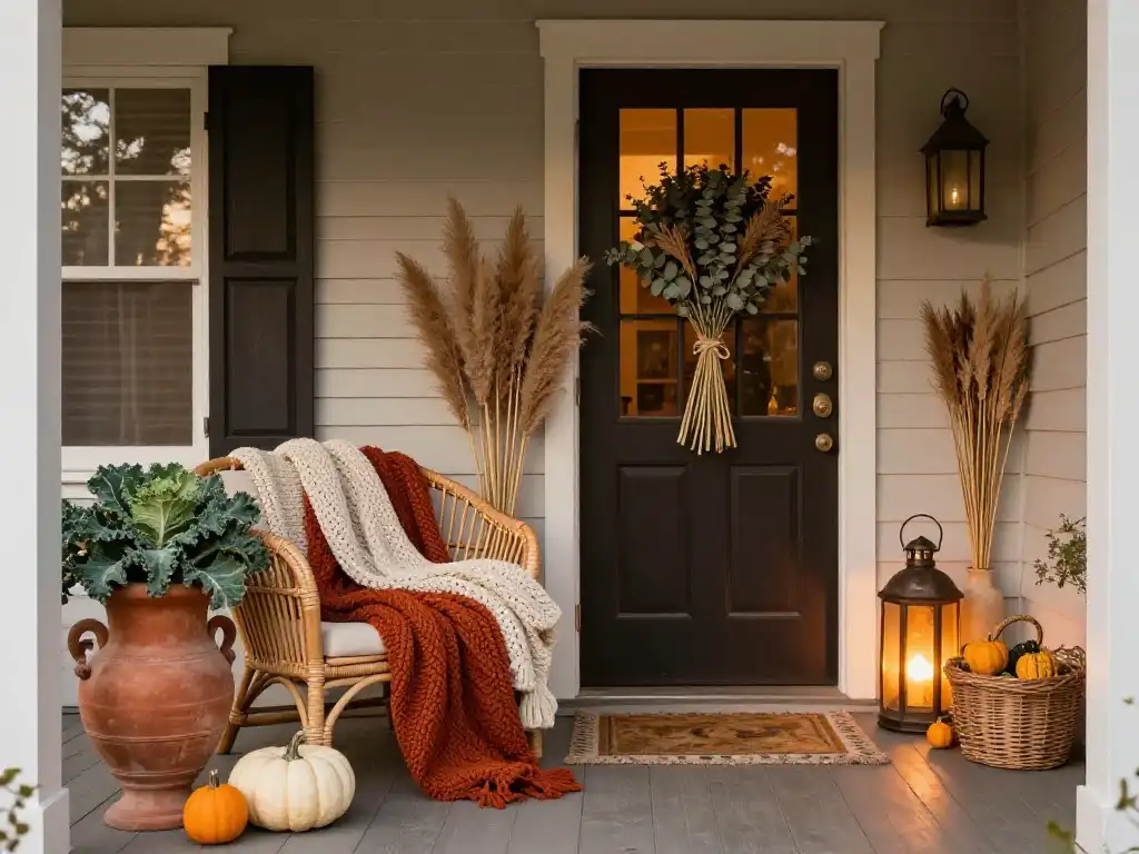 Idea 10 — Boho Fall Front Porch With Warm Textiles Gourds and Dried Botanicals