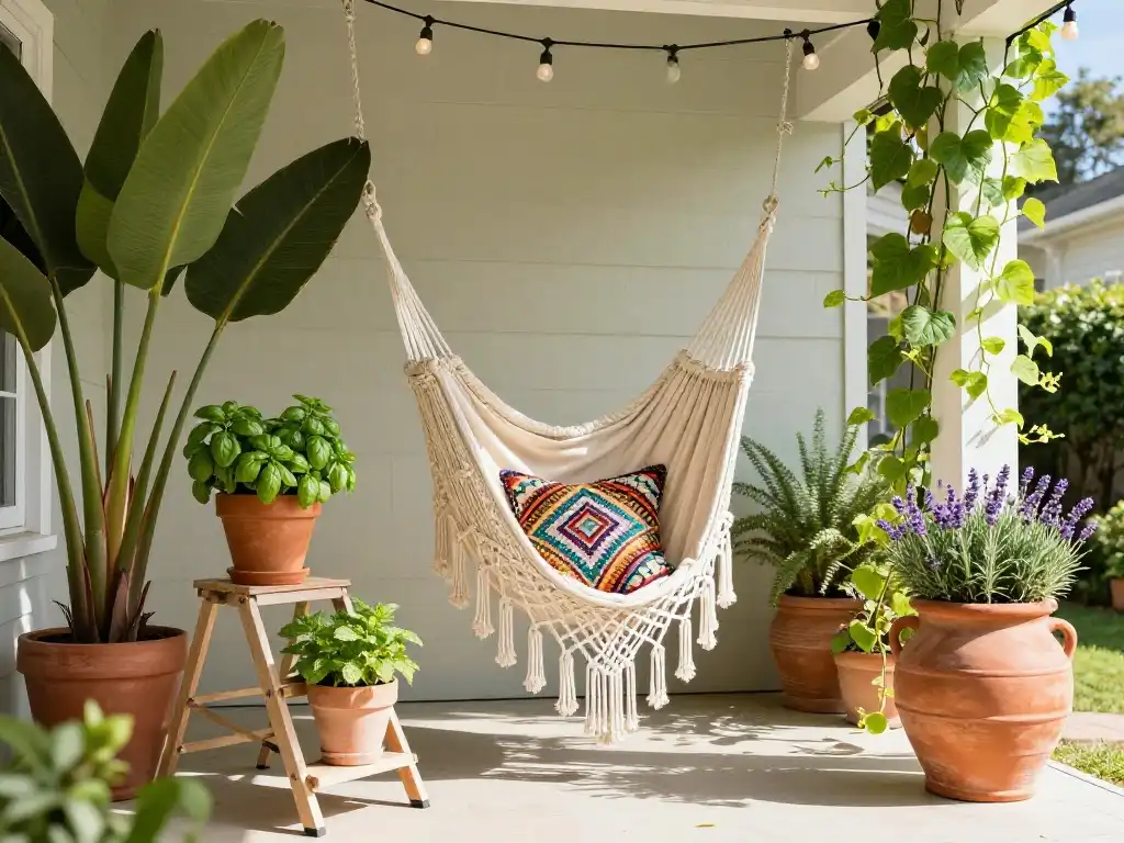 Idea 11 — Boho Summer Front Porch With Hammock Fresh Herbs and Tropical Plants