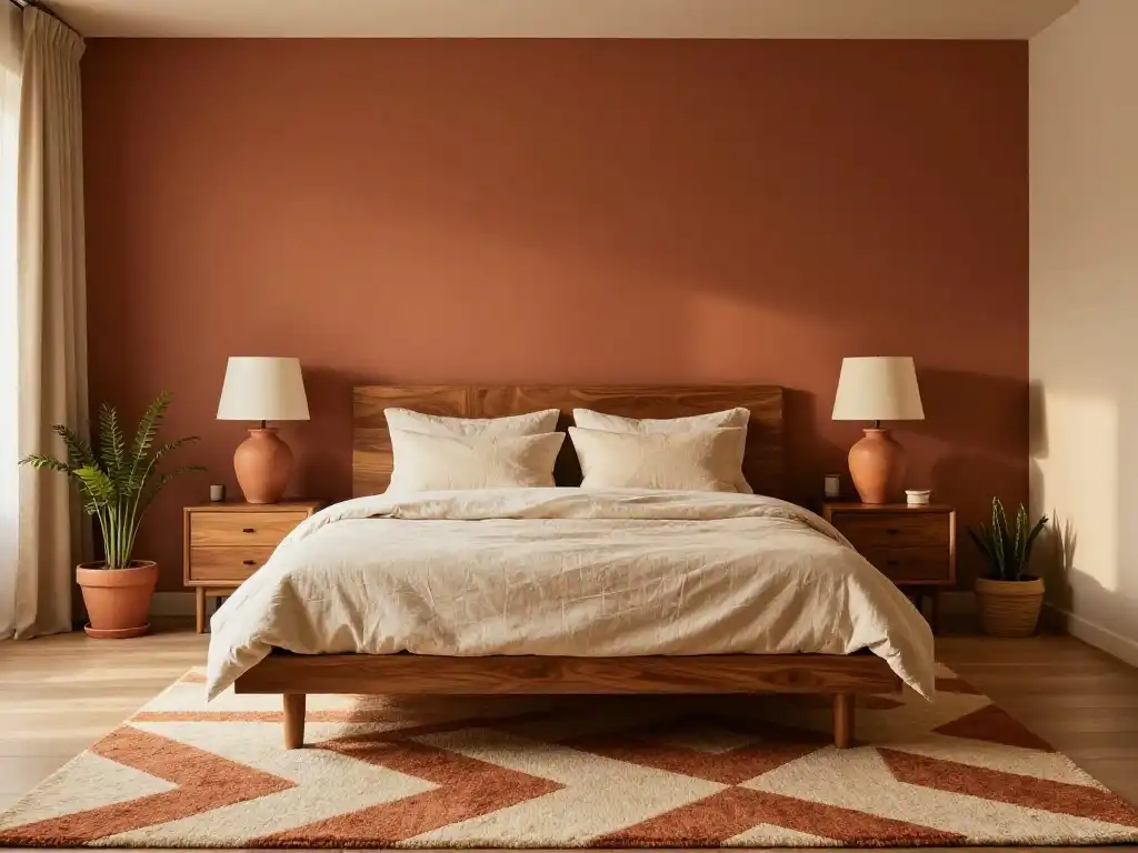 Idea 12 — Terracotta and Warm Wood Mid Century Bedroom for Earthy Sophistication