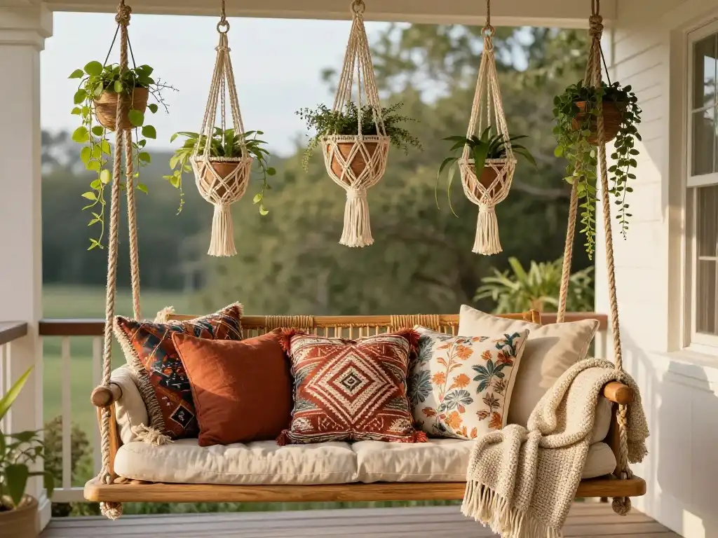 Idea 2 — Boho Porch Swing With Layered Textiles and Hanging Plants for Pure Comfort