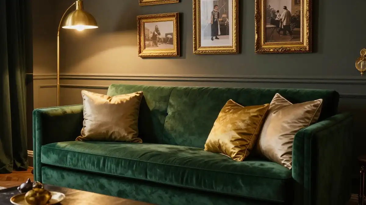 Idea 2 — Emerald Green Velvet Sofa With Gold Accents for Jewel Tone Luxury