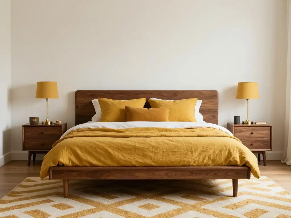 Idea 2 — Mustard Yellow and Walnut Bedroom That Radiates Warm Retro Energy