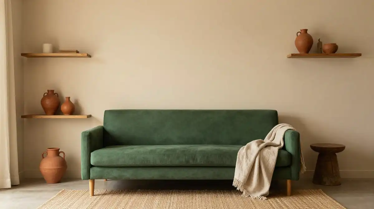 Idea 3 — Emerald Green Sofa With Warm Neutral Walls for a Grounded Earthy Feel