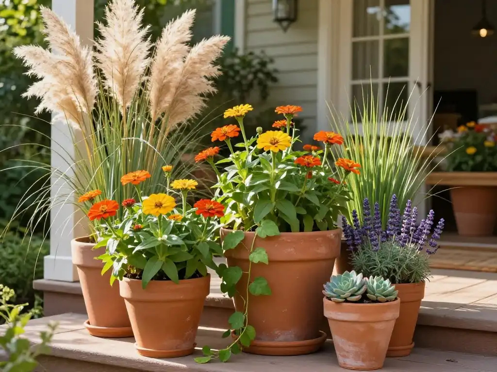 Idea 3 — Terracotta Pots Wildflowers and Pampas Grass for an Earthy Boho Garden Porch