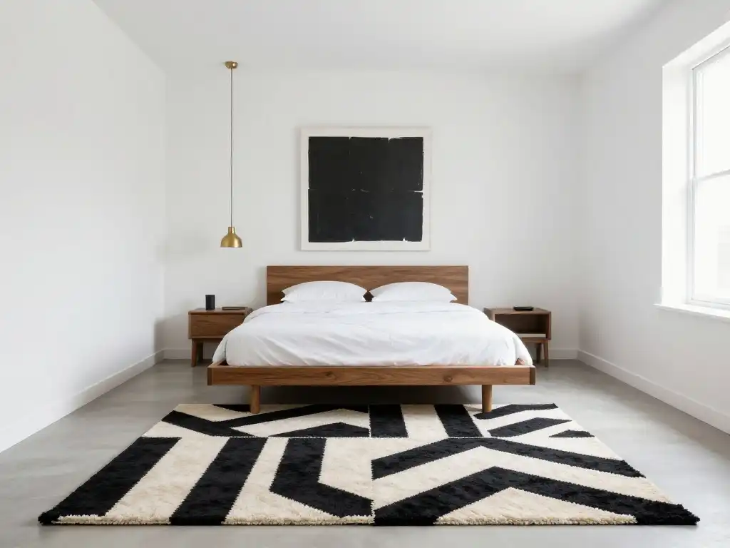 Idea 3 — White Walls and Bold Geometric Rug for a Clean Minimalist MCM Look