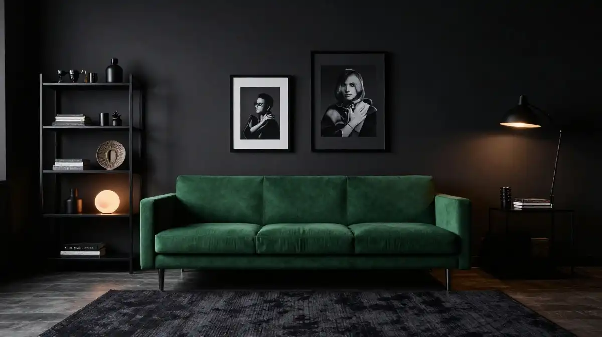 Idea 4 — Emerald Green Sofa With Black Accents for a Dramatic Moody Interior