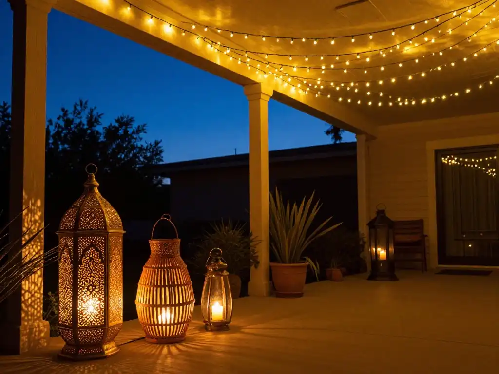 Idea 4 — String Lights Lanterns and Candles That Give Your Boho Porch Magical Evening Glow