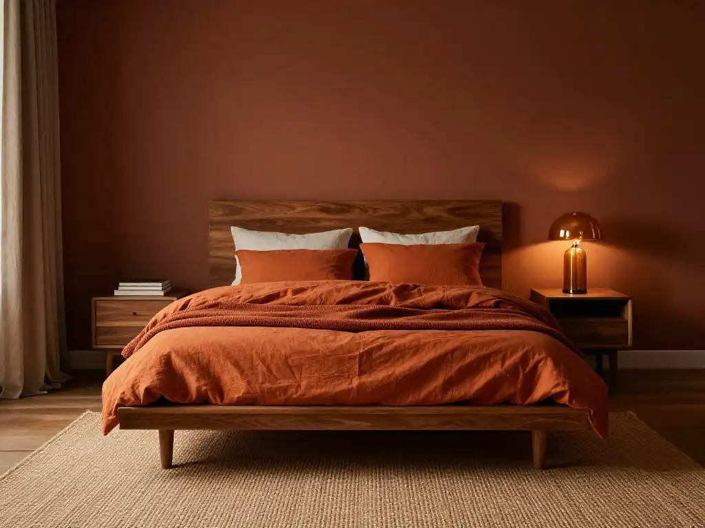 Idea 5 — Burnt Orange and Teak Bedroom for a Rich Warm Autumnal Palette