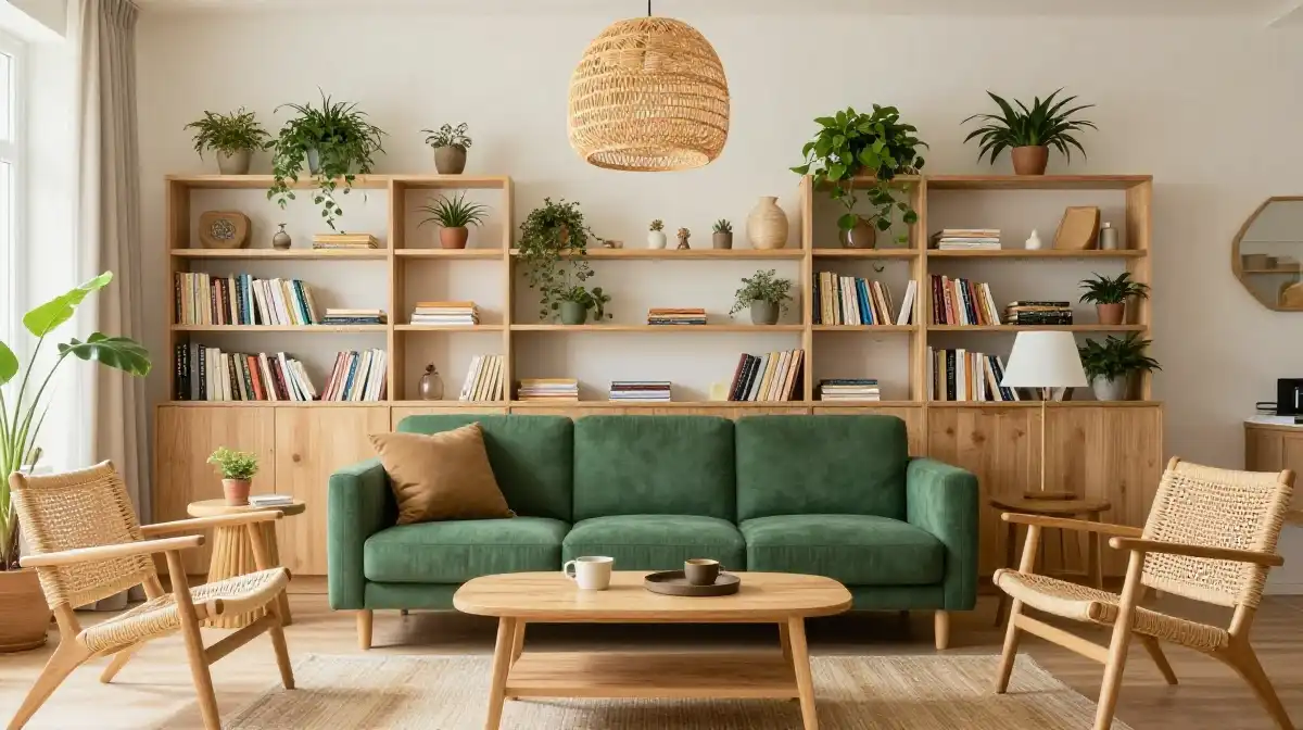 Idea 5 — Emerald Green Sofa With Natural Wood and Rattan for Organic Warmth