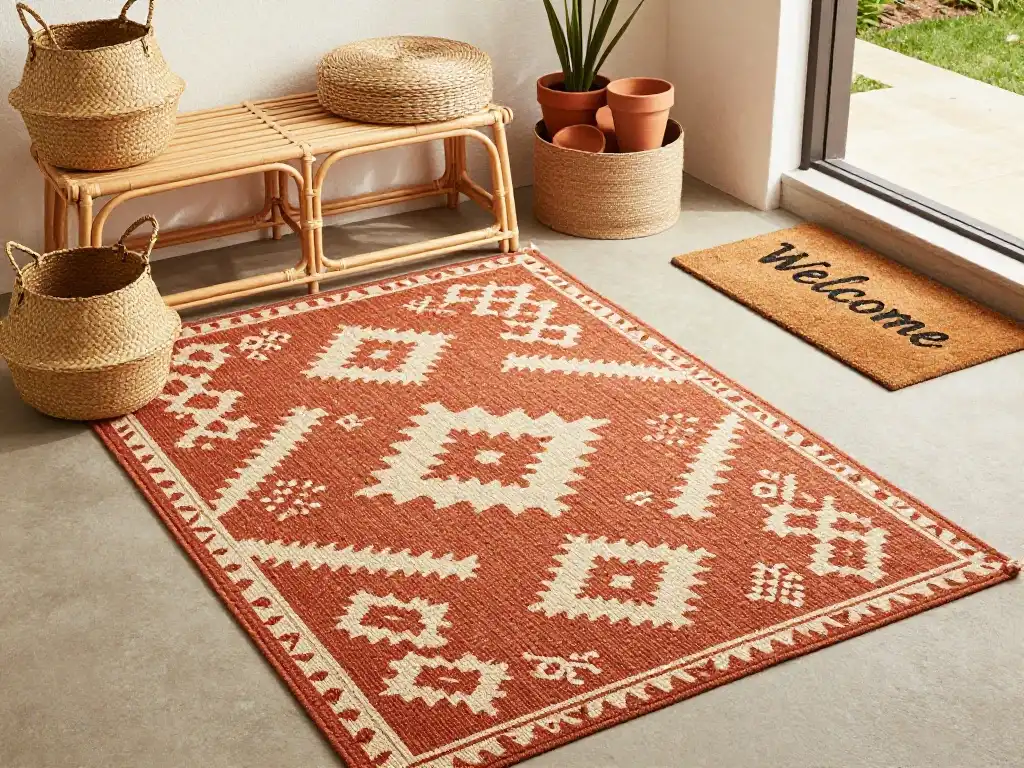 Idea 5 — Woven Outdoor Rug and Natural Fiber Accessories That Ground Your Boho Porch