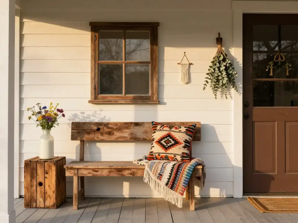 Idea 6 — Boho Farmhouse Front Porch With Reclaimed Wood and Vintage Finds