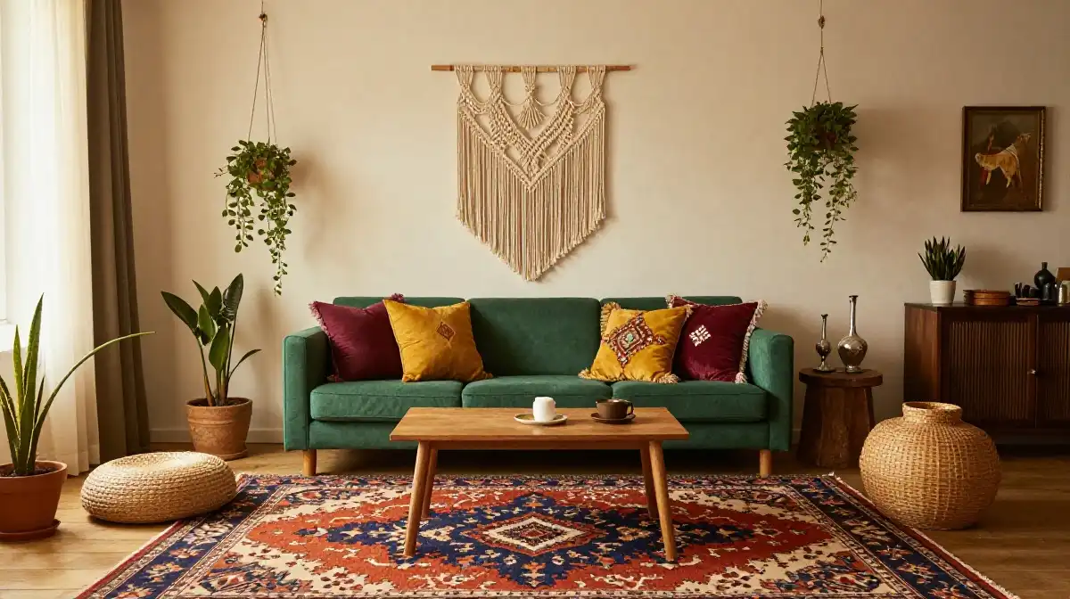 Idea 6 — Emerald Green Sofa in a Boho Living Room With Layered Textiles