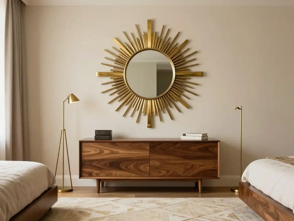 Idea 6 — Sunburst Mirror and Brass Accents for a Glamorous Mid Century Statement