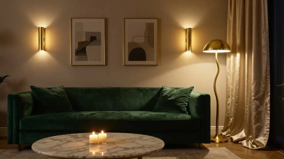 Idea 7 — Emerald Green Sofa With Brass Fixtures and Warm Lighting for Glamour