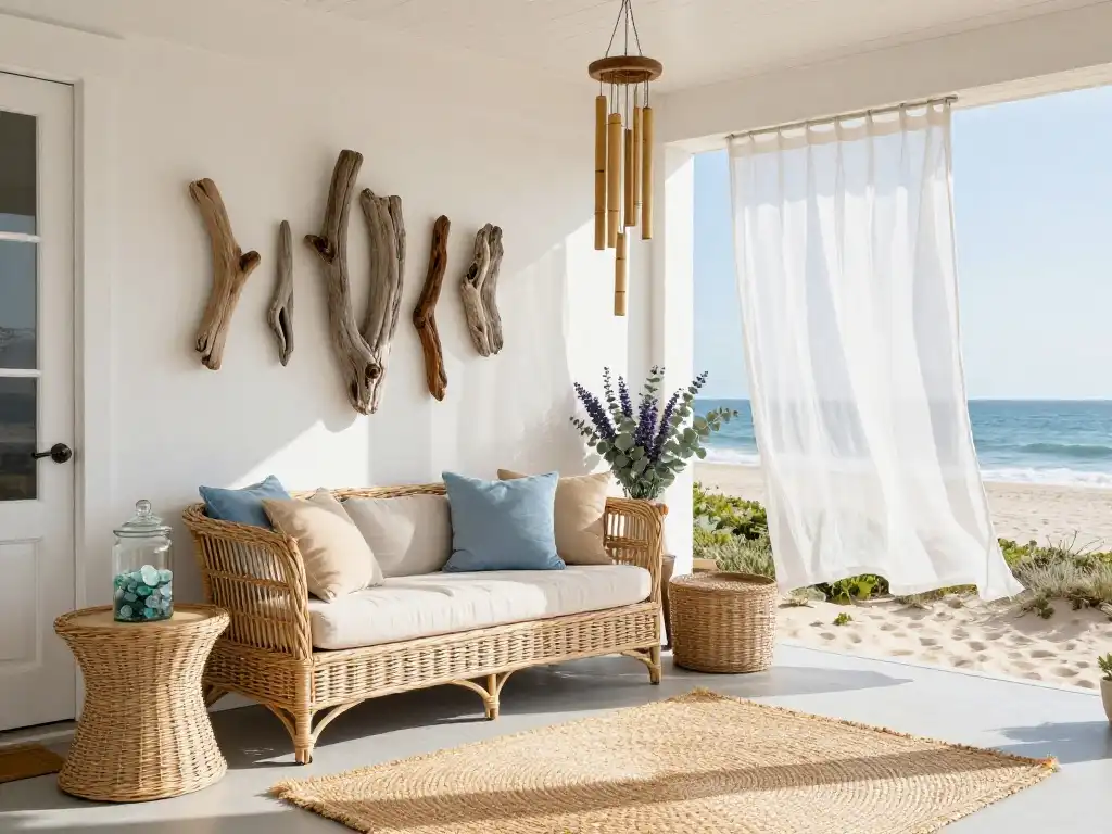 Idea 8 — Boho Coastal Front Porch With Driftwood Sea Glass and Breezy Linen